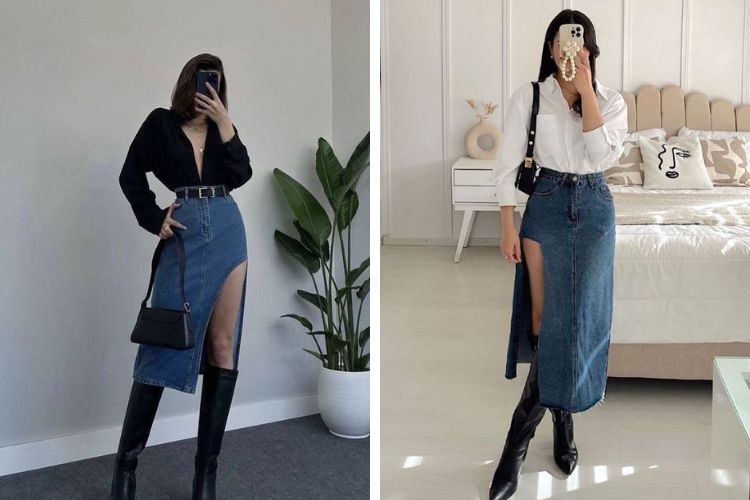 chân váy jean xẻ tà